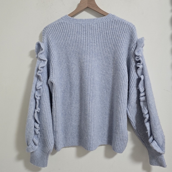 Zara blue ribbed knit balloon ruffle sleeves sweater size S - Picture 8 of 8